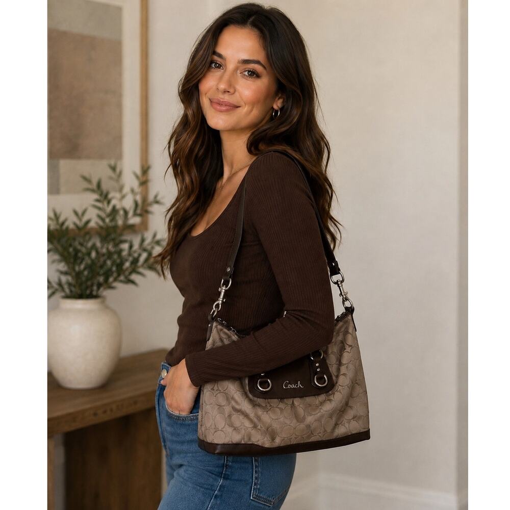 Coach Signature Light Khaki Mahogany Handbag Purse Ashley Satin Satchel F15443